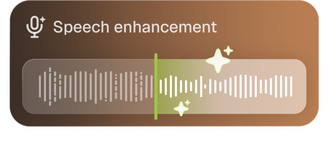 Speech enhancement panel showing a waveform, raw on the left and enhanced on the right