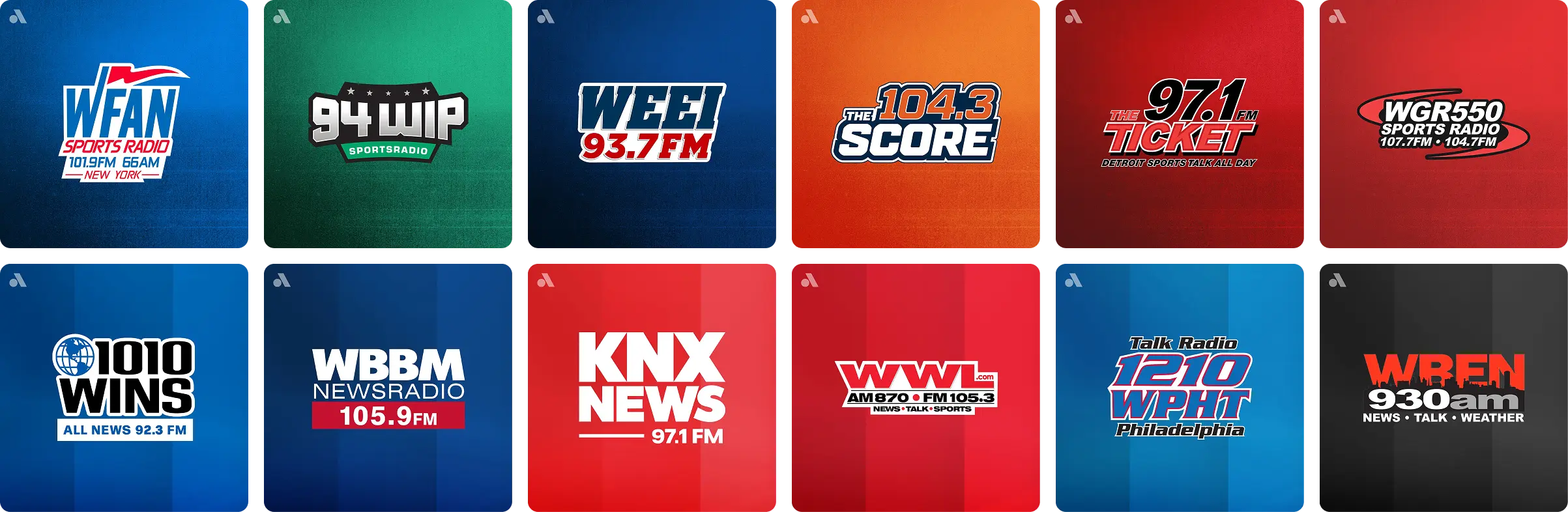 Logos of radio stations including WFAN Sports Radio, 94WIP Sports Radio, WEEI 93.7 FM, 104.3 The Score, 97.1 The Ticket, WGR 550 Sports Radio, 1010 WINS, WBBM Newsradio, KNX News, WWL News Talk Sports, Talk Radio 1210 WPHT, and WRFN 930 AM